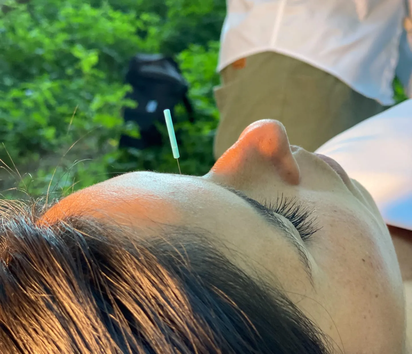 Un visage de profil, les yeux fermés, la forêt derrière dans une lumière chaude